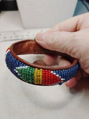 Vintage Hand‑Beaded Leather Bangle – Size 7.5"